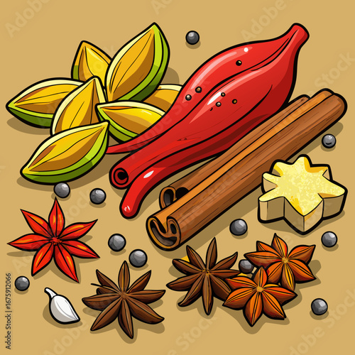 Vector illustration of star anise and cinnamon sticks with flowers and a butterfly on a white background