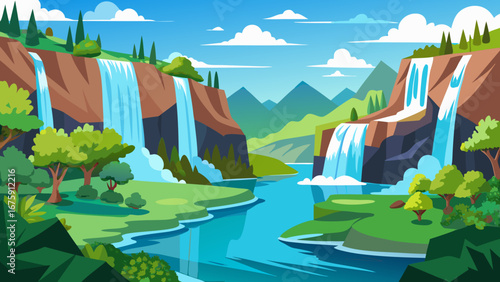 A scenic waterfall landscape with mountains, trees, and a clear blue river