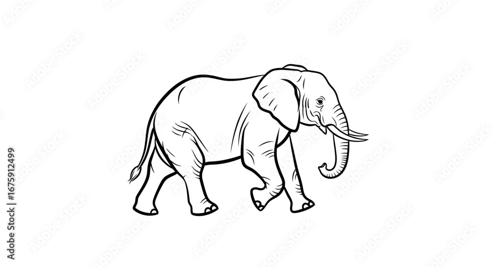 Obraz premium A detailed line drawing of an African elephant walking gracefully.