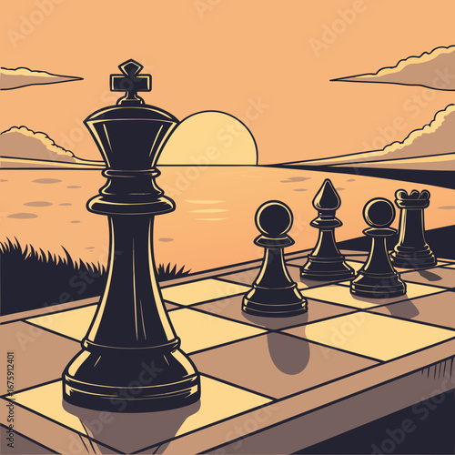 Strategic Chess Game at Sunset - Black Chess Pieces on Reflective Board (Vector Art)
