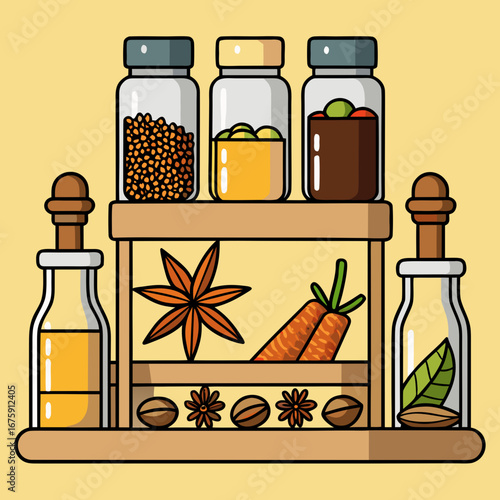 Essential bottles of natural herbal oil, salts, and various spices for aromatherapy, spa, and wellness
