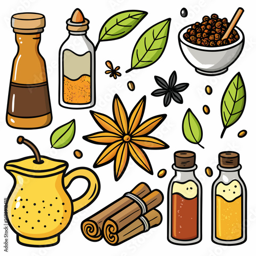 An isolated vector set of various essential oil bottles with green herbs, perfect for spa and aromatherapy concepts