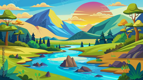 A vibrant landscape featuring a river flowing through mountains at sunset time
