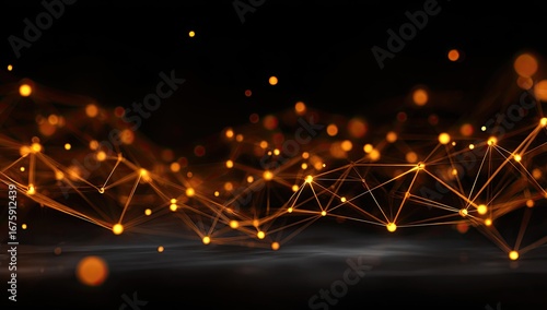 Abstract network of golden light points and lines on a dark background
