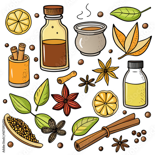 An assortment of essential herbal spices and oils in bottles for natural aromatherapy and wellness