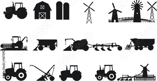 Silhouettes of Farming Equipment, Tractor, Barn, Windmill, Agricultural Machinery, Plow, Harvesting, and Rural Landscape Icons for Agriculture.