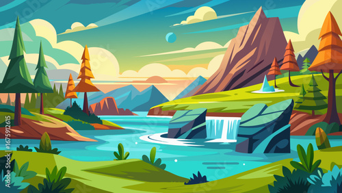 Cartoon landscape with river, mountains, trees, and waterfall in a scenic view