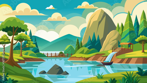 A scenic landscape featuring a tranquil river flowing through lush greenery