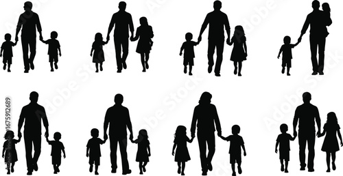Silhouettes of Family Walking Together, Parent Holding Hands with Children, Love, Unity, Bond, Support, Family Concept, Outdoors