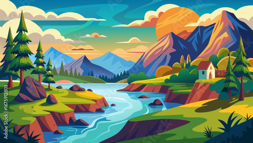 A picturesque mountain landscape with a river, house, and vibrant sunset view
