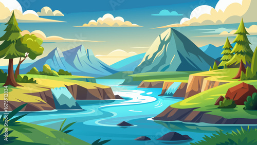 Cartoon landscape with mountains, river, waterfalls, and green nature view