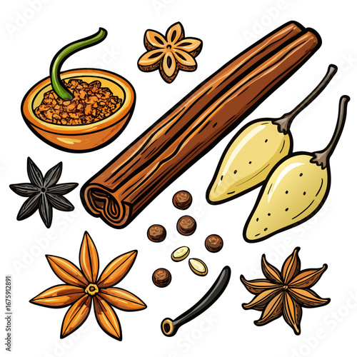 A colorful collection of aromatic star anise and cinnamon sticks perfect for seasoning or Christmas decoration