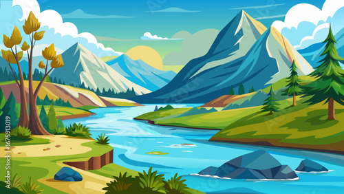 Cartoon mountain landscape with river, trees, and a small house under a blue sky