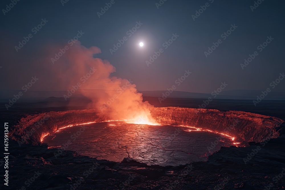 Fototapeta premium Volcanic crater glowing red-hot at night, with a full moon