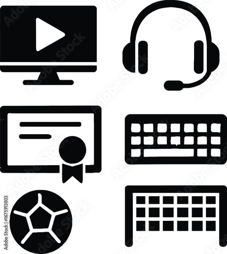 Online learning soccer game certificate keyboard headset computer vector icon design 100 character