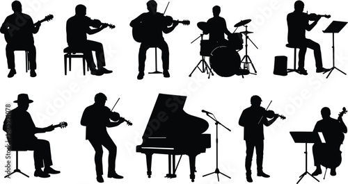 Silhouettes of musicians playing different instruments, including guitar, violin, piano, drums, and cello, band performance, creative art, music