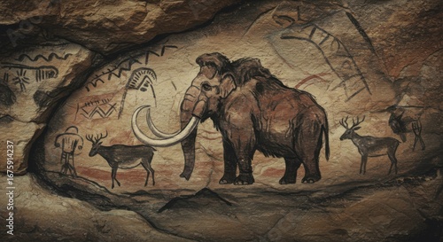 Ancient Rock Art: Prehistoric Cave Painting of a Woolly Mammoth
