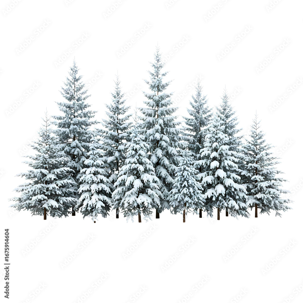 Obraz premium Snow-covered pine trees forest landscape winter scene white background