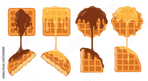 Delicious waffles covered in chocolate and honey topping drizzling down onto pieces of waffles