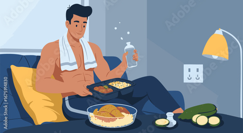 Muscular Man Relaxing at Home with a Prepared Healthy Meal, Practicing Mindful Eating for Post-Workout Recovery and a Balanced Lifestyle