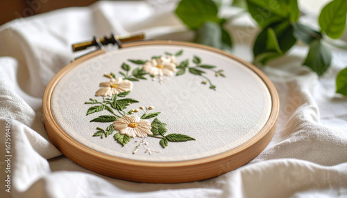 木製の刺繍枠に白い布地と繊細な花の刺繍が施された作品。やわらかな自然光に照らされることで、手仕事の温かさとナチュラルな暮らしの美しさを表現する構図