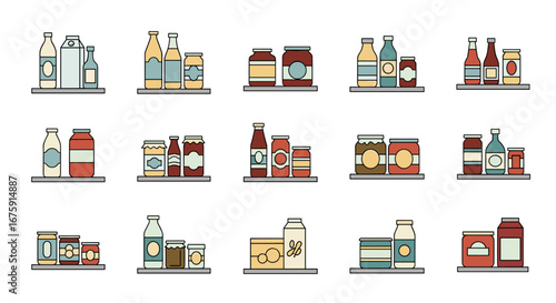 A collection of various food and drink products arranged on shelves illustrating a pantry collection