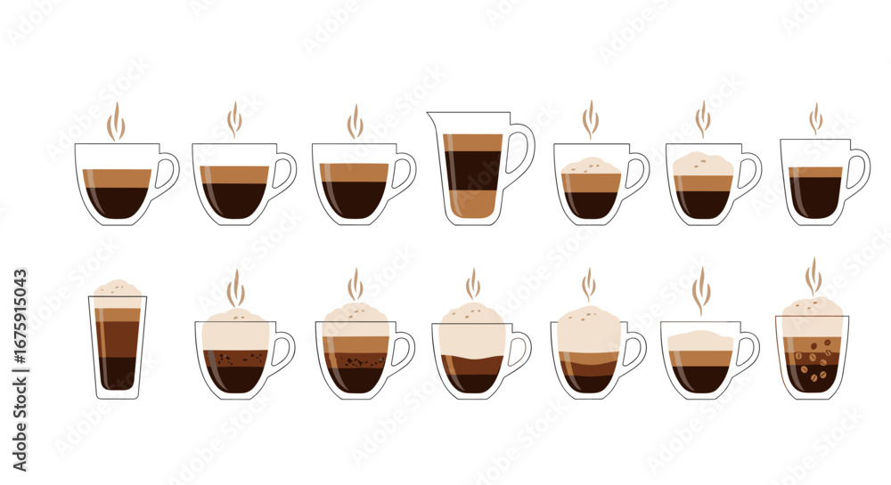 Obraz premium A diverse collection of delicious hot coffee drinks showcasing various espresso preparations and foamy toppings
