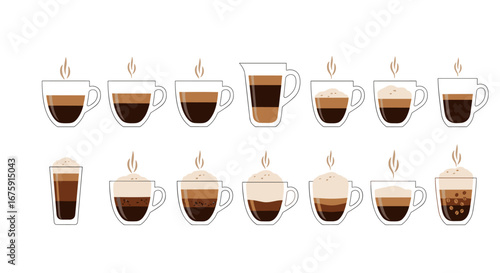A diverse collection of delicious hot coffee drinks showcasing various espresso preparations and foamy toppings