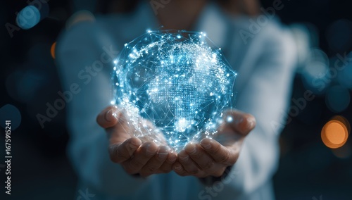 A woman's hands hold a glowing, digital representation of the Earth, overlaid with a network of light connections