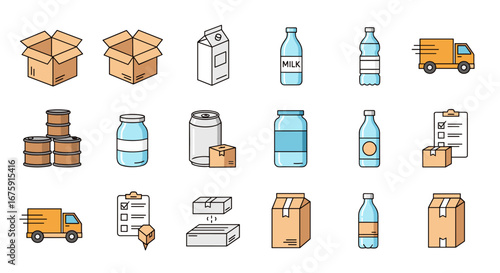 Collection of various packaging and shipping containers with delivery vehicles and logistics elements
