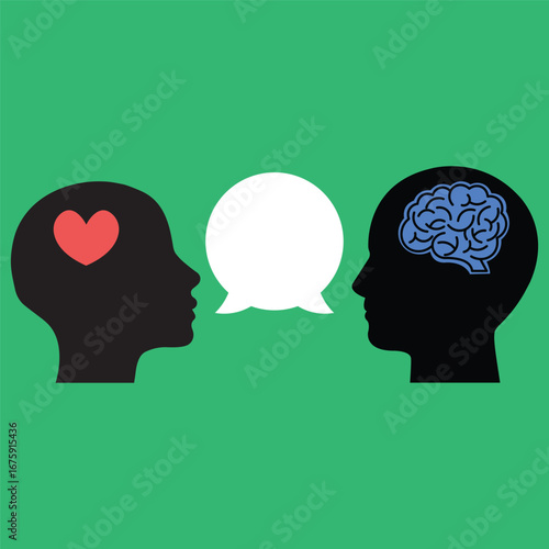 easy conversation of mind and heart. complex psychoanalysis with mentor or behavior help and emotional intellect and iq or bias. flat cartoon modern simple graphic design isolated on green background