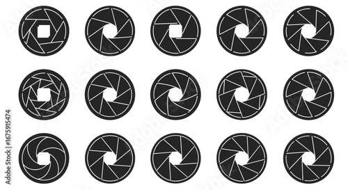 Illustrations of camera aperture diaphragm blades opening and closing showing different shapes and sizes