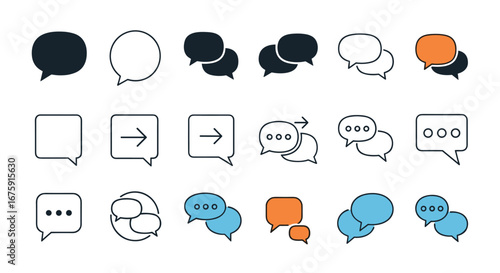Collection of various communication speech bubbles and conversation icons representing dialogue and messaging
