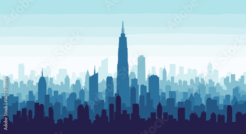 Illustrative blue hues silhouette of modern city skyline featuring tall skyscrapers and urban architecture in distant background