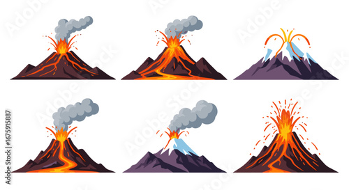 Illustration of different volcanoes showing eruptions lava flows and ash clouds in a flat design style