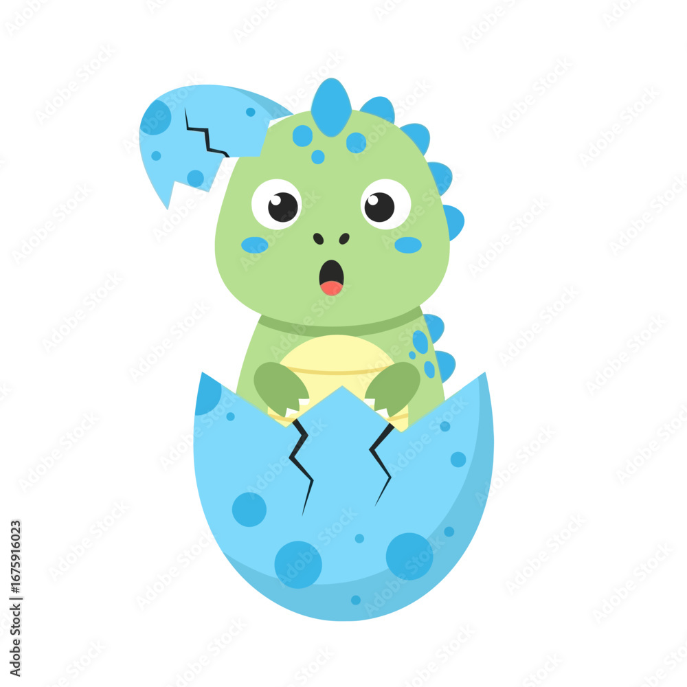 Obraz premium A cute baby dinosaur with a surprised expression hatching from a cracked blue egg