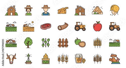 Collection of farm life icons representing agriculture livestock and produce