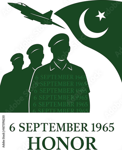Pakistan Defense Day Illustration – Soldiers, Fighter Jet, and Flag with 6 September 1965 Tribute