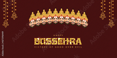 Happy Dussehra festival banner with the ten heads of Ravana. Elegant Indian holiday design celebrating the victory of good over evil.