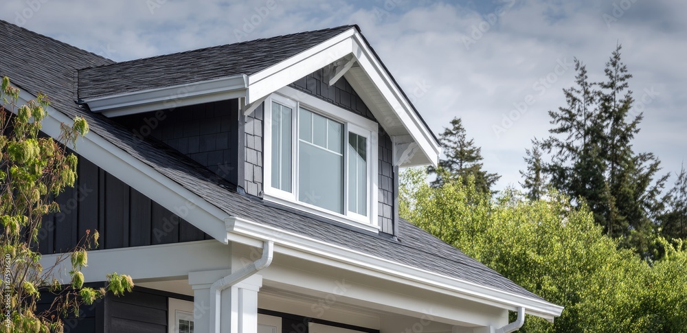 Fototapeta premium A modern home's gable roof with a dormer window