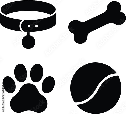 Dog accessories vector illustration collar bone paw print and ball pet supplies graphic design icon set