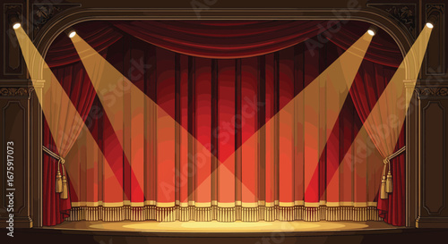 Classic theater stage with red curtains and spotlights, vintage opera background, elegant performance scene, dramatic spotlight lighting, vector illustration design