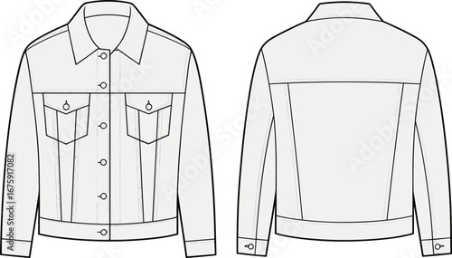 Classic denim jacket vector illustration, front and back views, casual outerwear fashion, button-up design, chest pockets, long sleeves, versatile clothing style