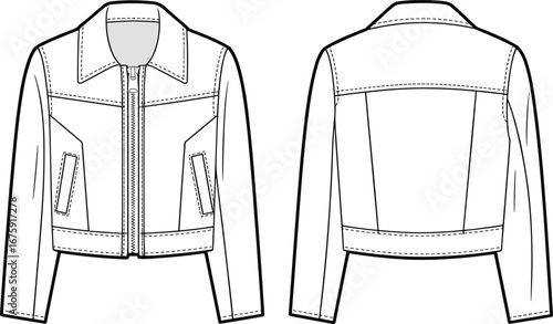 Cropped jacket vector illustration, front and back views, modern women’s outerwear design, fashion apparel template, casual stylish garment drawing, clothing design