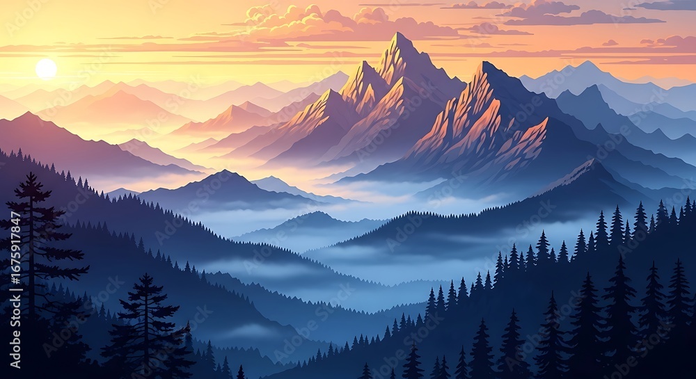 Obraz premium Majestic Mountain Range at Sunrise with Fog.