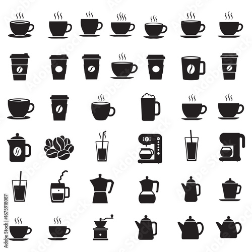 Variety of Coffee and Beverage Icons in Black Silhouette Style Offering a Diverse Selection of Hot and Cold Drink Choices for Coffee Lovers and Drink Enthusiasts