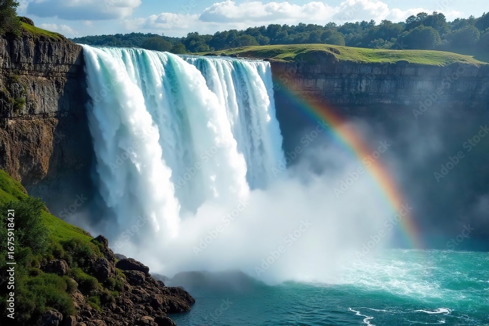 Fototapeta premium Majestic waterfall cascading down rocky cliffs, creating a misty spray and vibrant rainbow The powerful water creates a breathtaking spectacle of nature's beauty , water, rocks, powerful