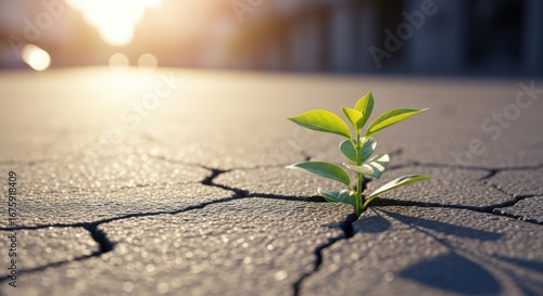 Small Green Plant Growing Through Cracked Dry Earth in Sunlight