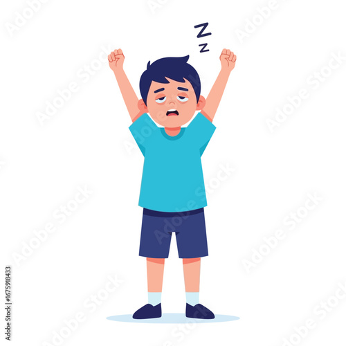 Yawning Boy: A cartoon boy, clad in simple attire, sleepily wakes up from his slumber, stretching his arms as he begins his day. The image captures the essence of fatigue and drowsiness.