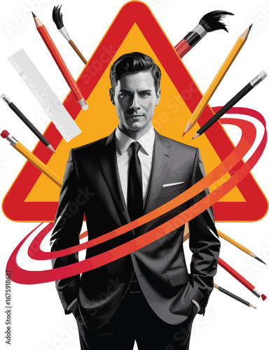 Successful kendo businessman in a suit with a sword and a red ribbon vector illustration